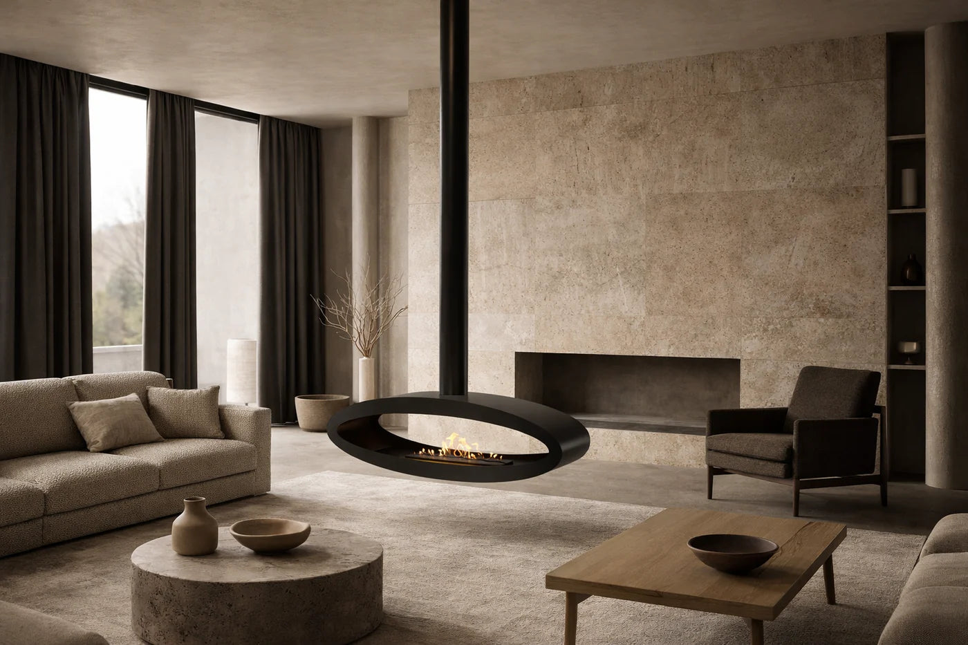 Ova Tube Black See-through Ceiling Fireplace 120 cm