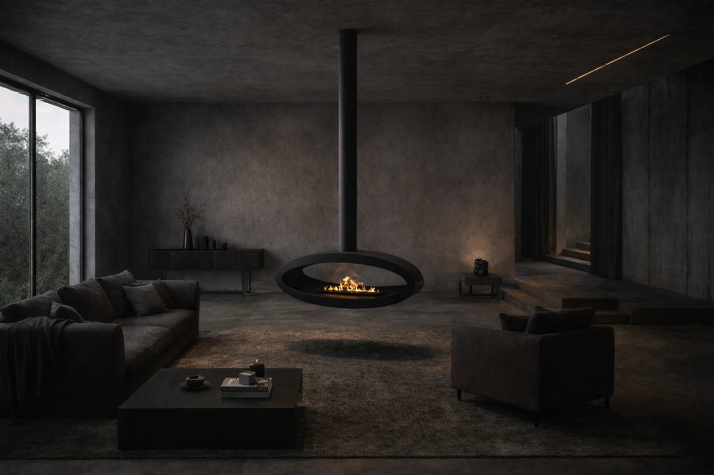 Image of Ova Tube Black See-through Ceiling Fireplace 120 cm