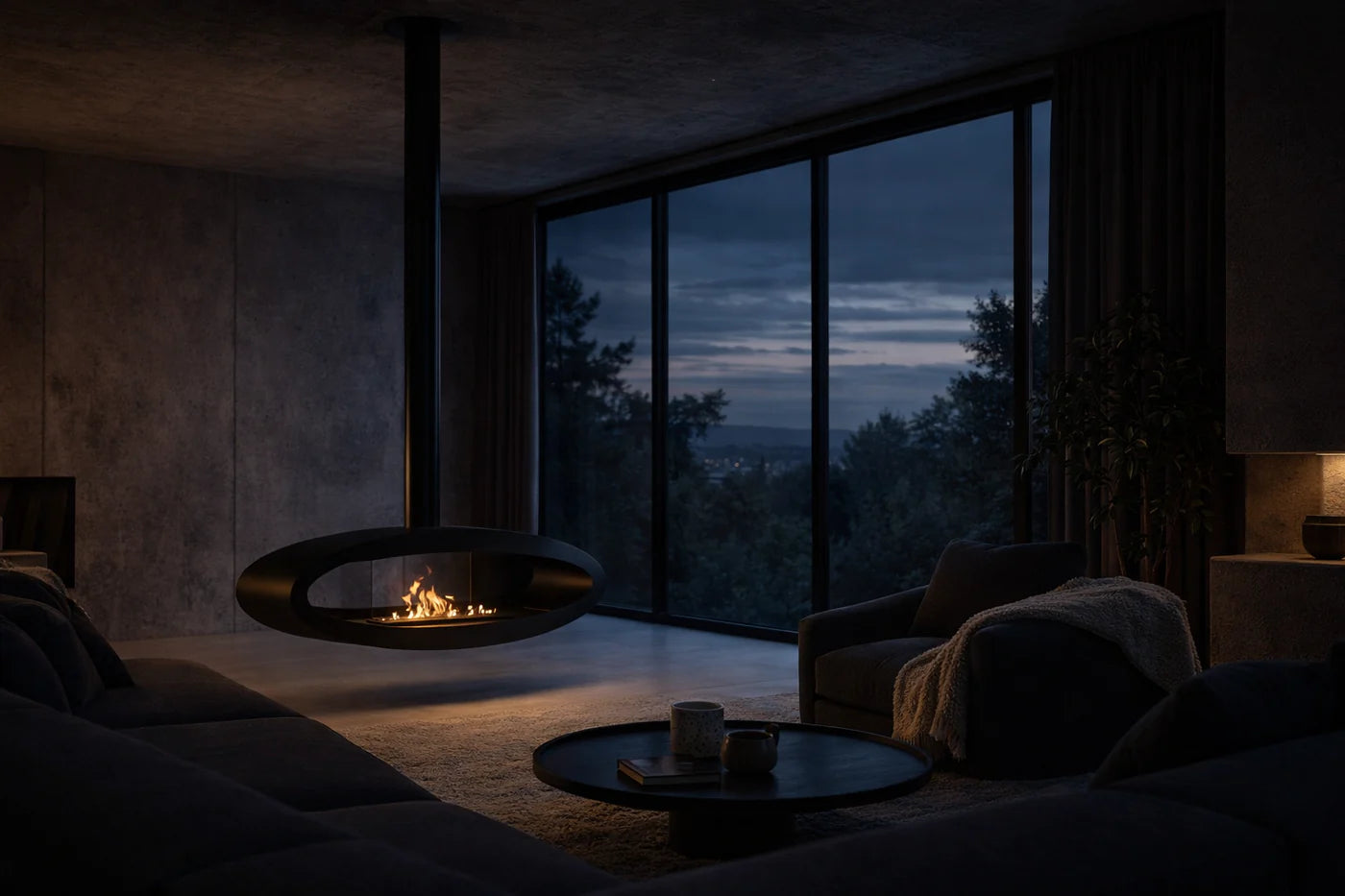 Ova Tube Black See-through Ceiling Fireplace 120 cm