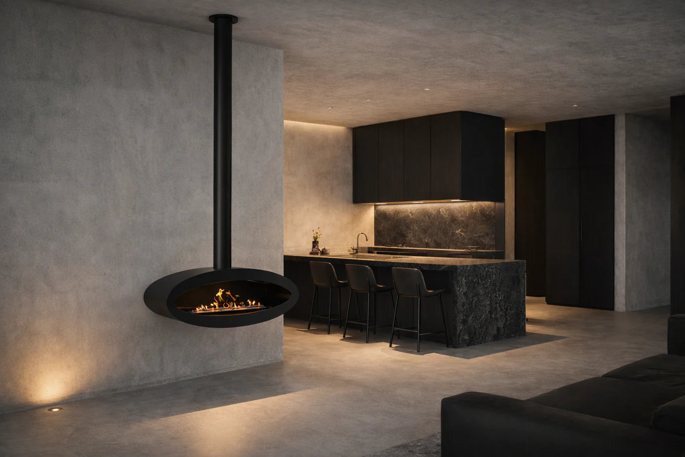 Ova Tube Close Black Ceiling Fireplace 100 cm