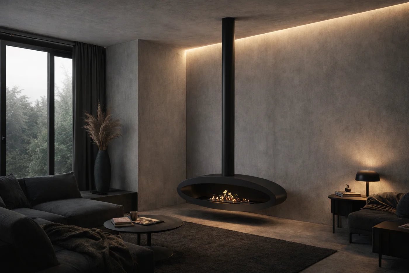 Ova Tube Close Black Ceiling Fireplace 120 cm