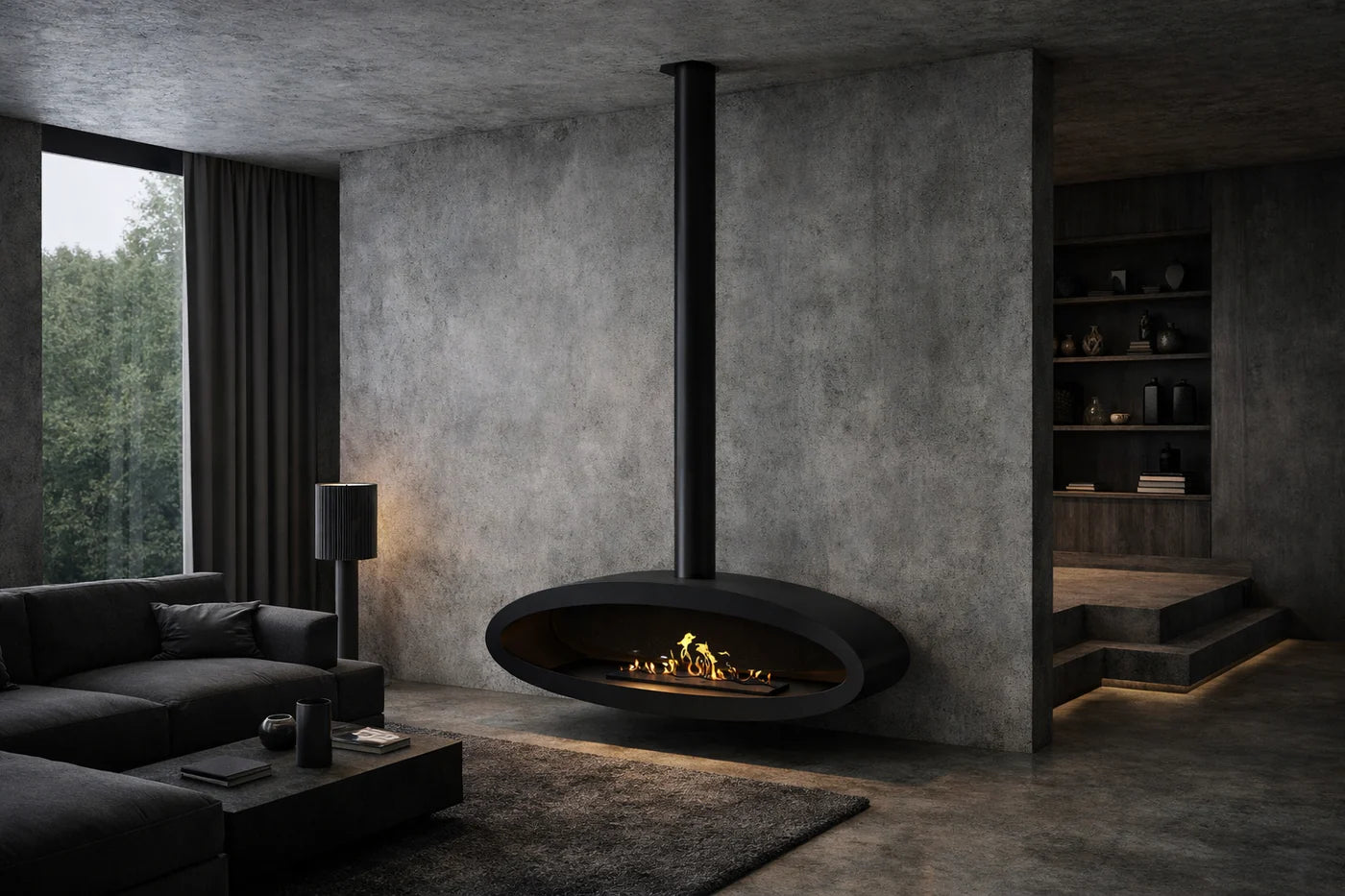 Ova Tube Close Black Ceiling Fireplace 120 cm