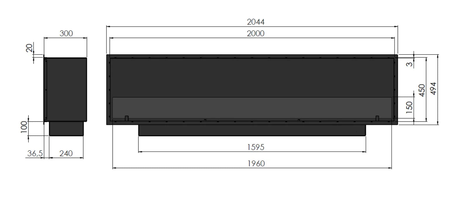 Slim Inside Bio Ethanol Built-in Fireplace 200 cm